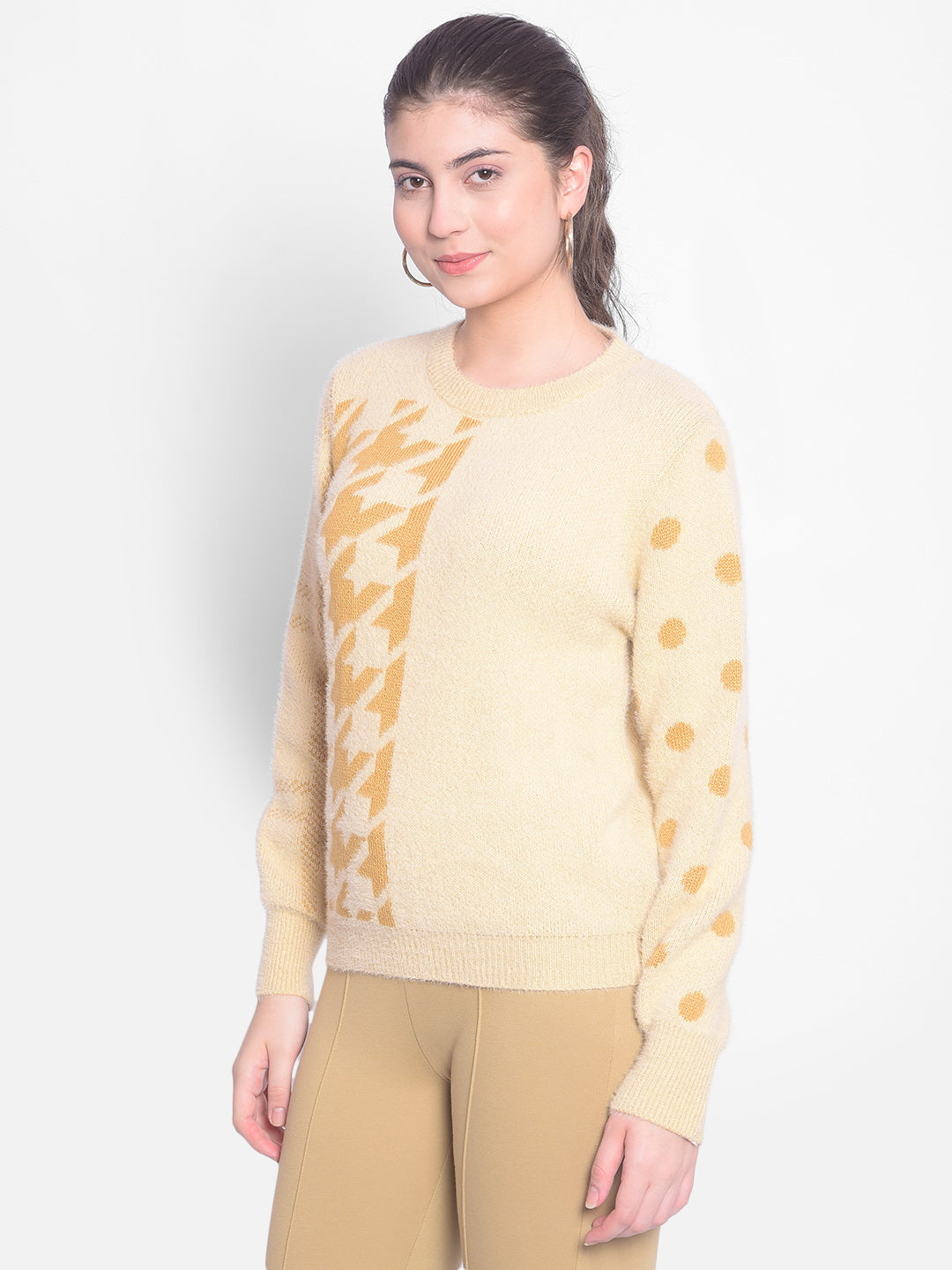 Cream Printed Sweater-Women Sweaters-Crimsoune Club