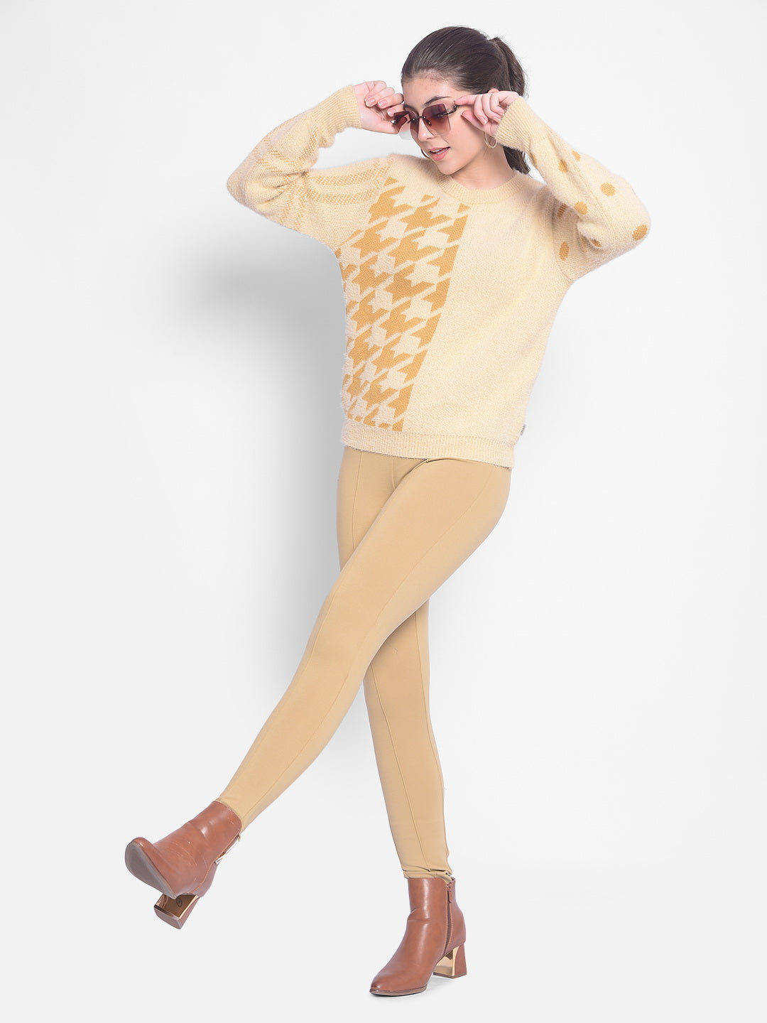 Cream Printed Sweater-Women Sweaters-Crimsoune Club