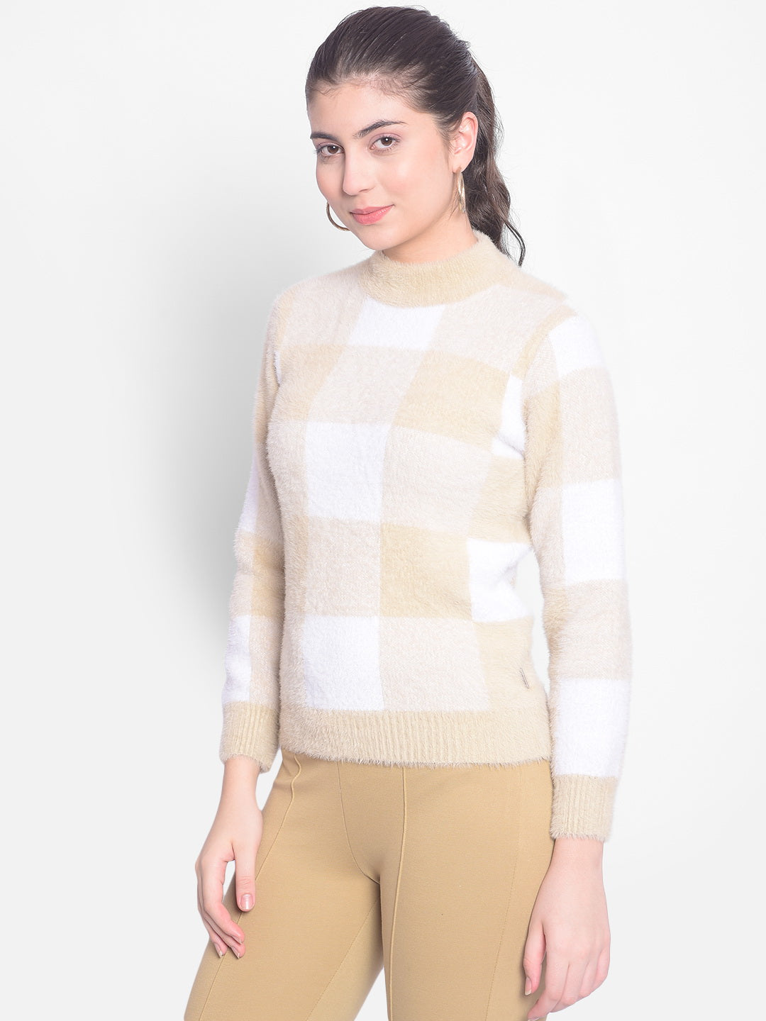 Beige Colourblock Sweater-Women Sweaters-Crimsoune Club