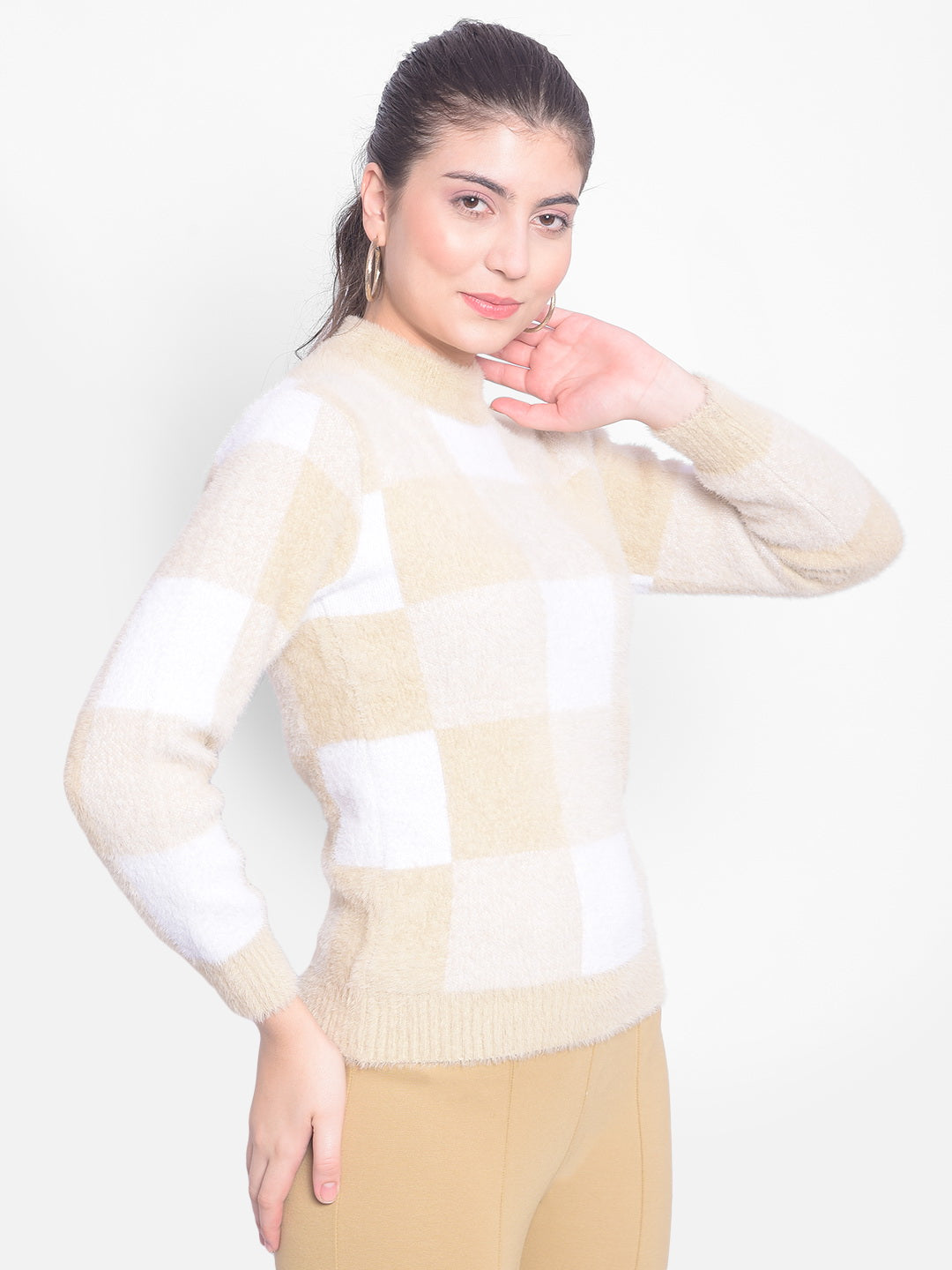 Beige Colourblock Sweater-Women Sweaters-Crimsoune Club