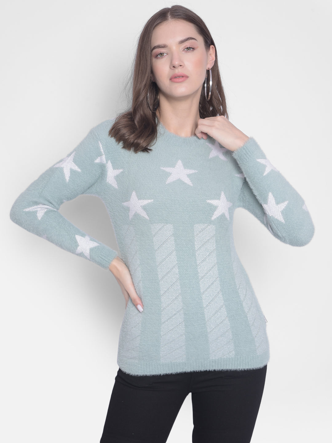Green Printed Round Neck Sweaters-Women Sweaters-Crimsoune Club