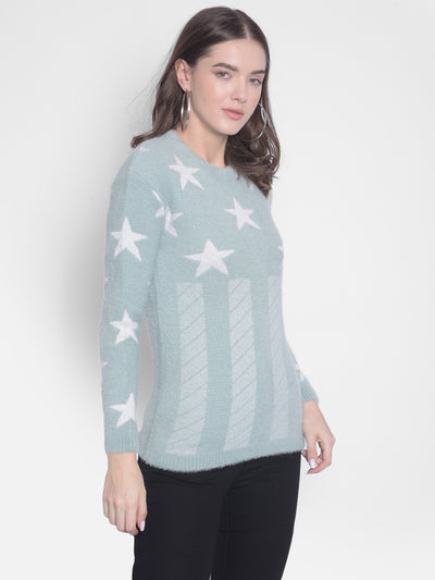 Green Printed Round Neck Sweaters-Women Sweaters-Crimsoune Club