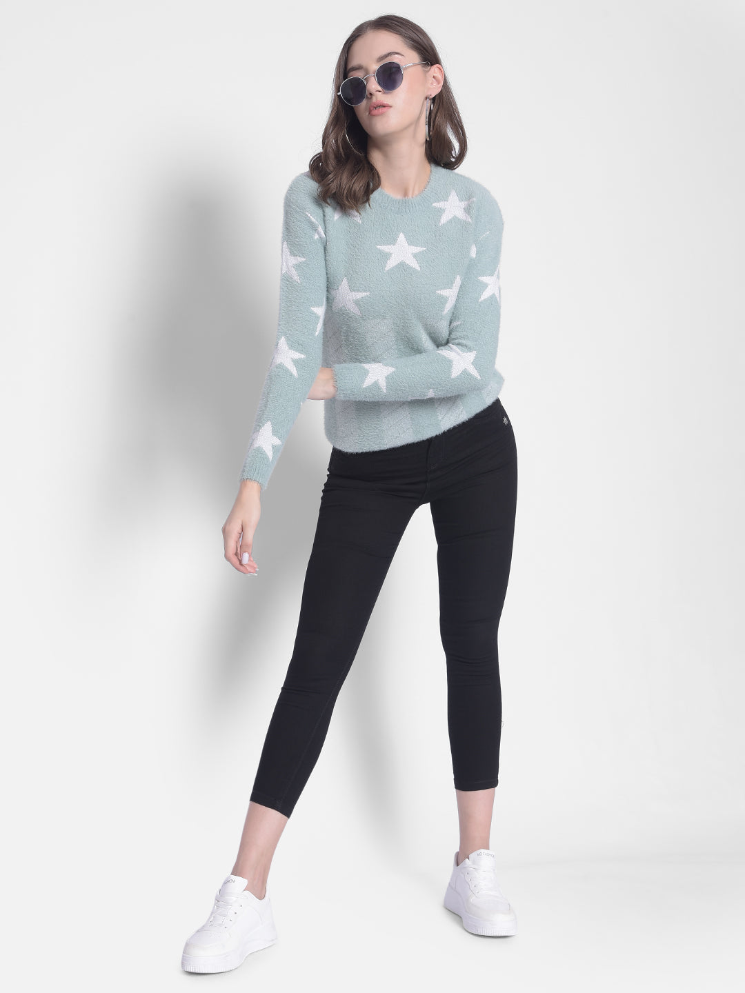 Green Printed Round Neck Sweaters-Women Sweaters-Crimsoune Club