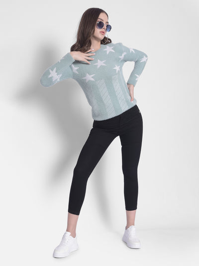 Green Printed Round Neck Sweaters-Women Sweaters-Crimsoune Club