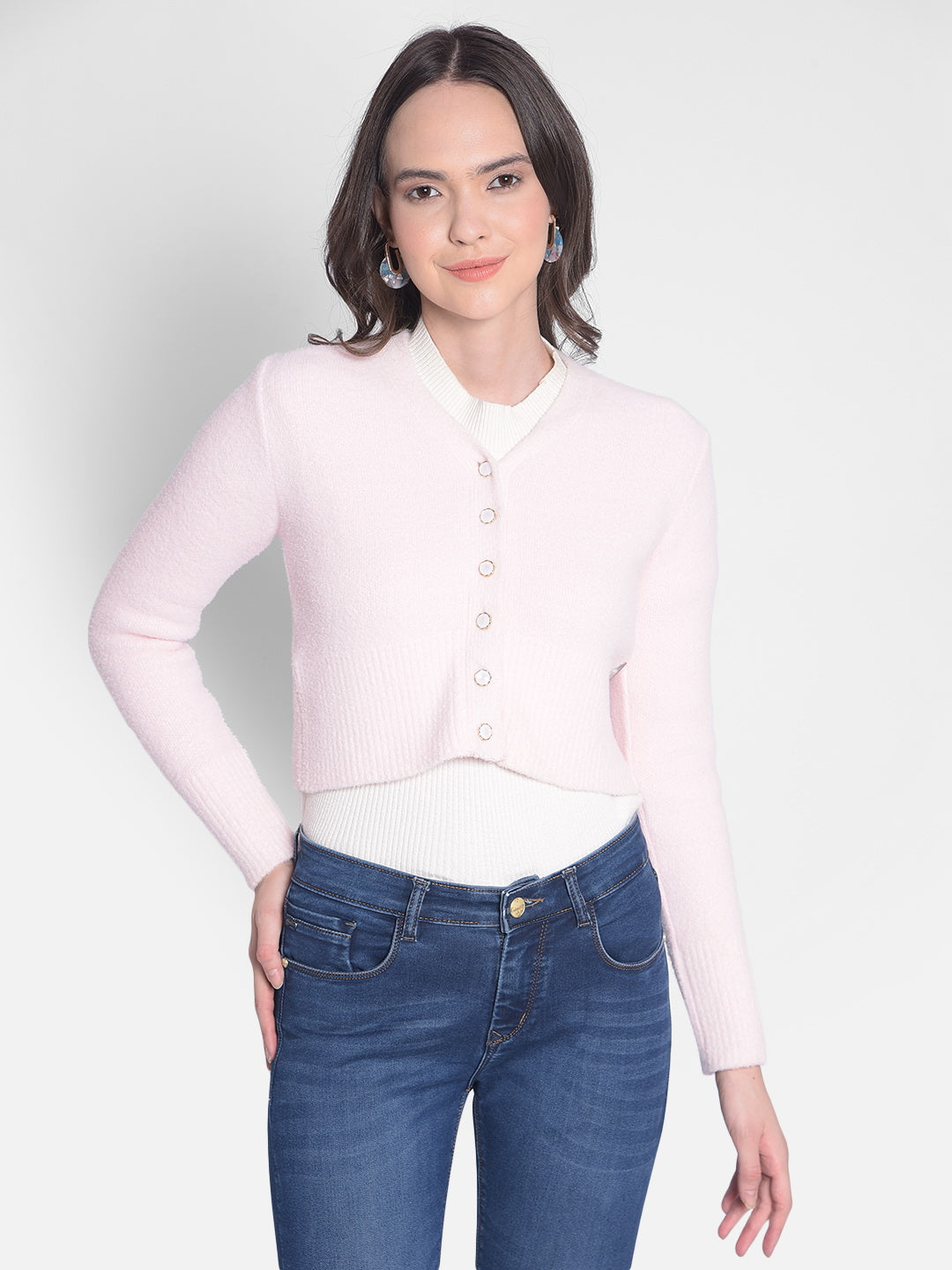 Pink Crop Length Cardigan-Women Sweaters-Crimsoune Club