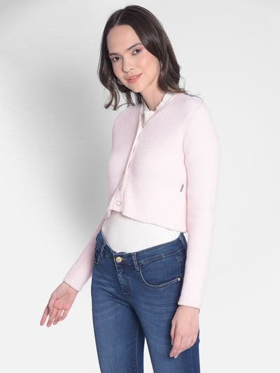 Pink Crop Length Cardigan-Women Sweaters-Crimsoune Club