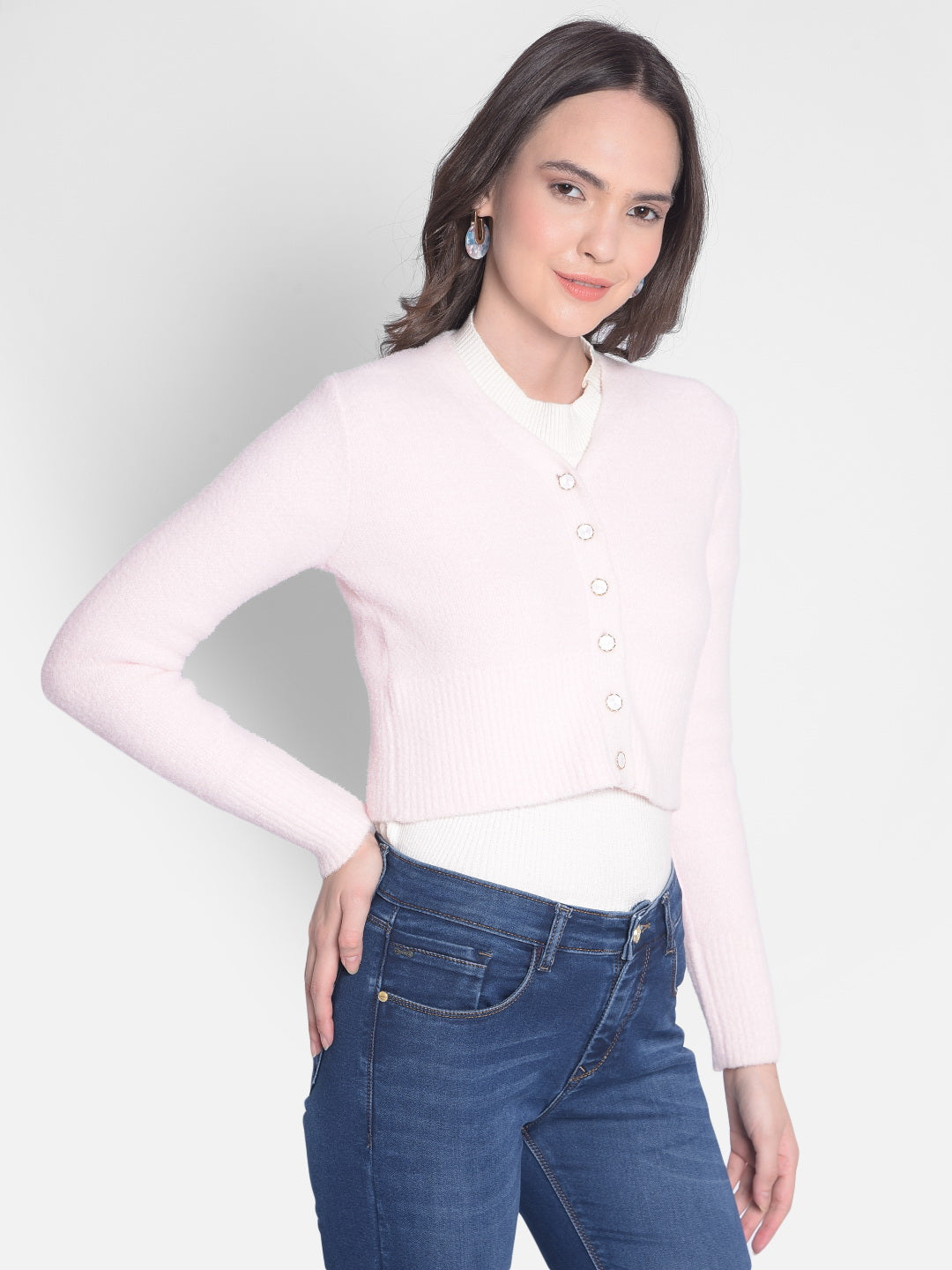 Pink Crop Length Cardigan-Women Sweaters-Crimsoune Club