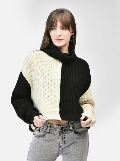 Black Colourblocked Crop Length Sweater-Women Sweaters-Crimsoune Club