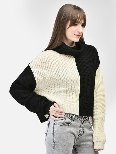 Black Colourblocked Crop Length Sweater-Women Sweaters-Crimsoune Club