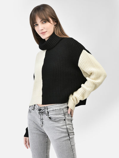 Black Colourblocked Crop Length Sweater-Women Sweaters-Crimsoune Club
