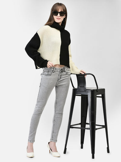 Black Colourblocked Crop Length Sweater-Women Sweaters-Crimsoune Club