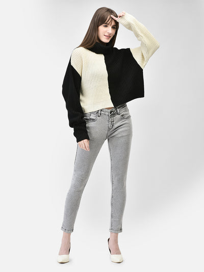 Black Colourblocked Crop Length Sweater-Women Sweaters-Crimsoune Club