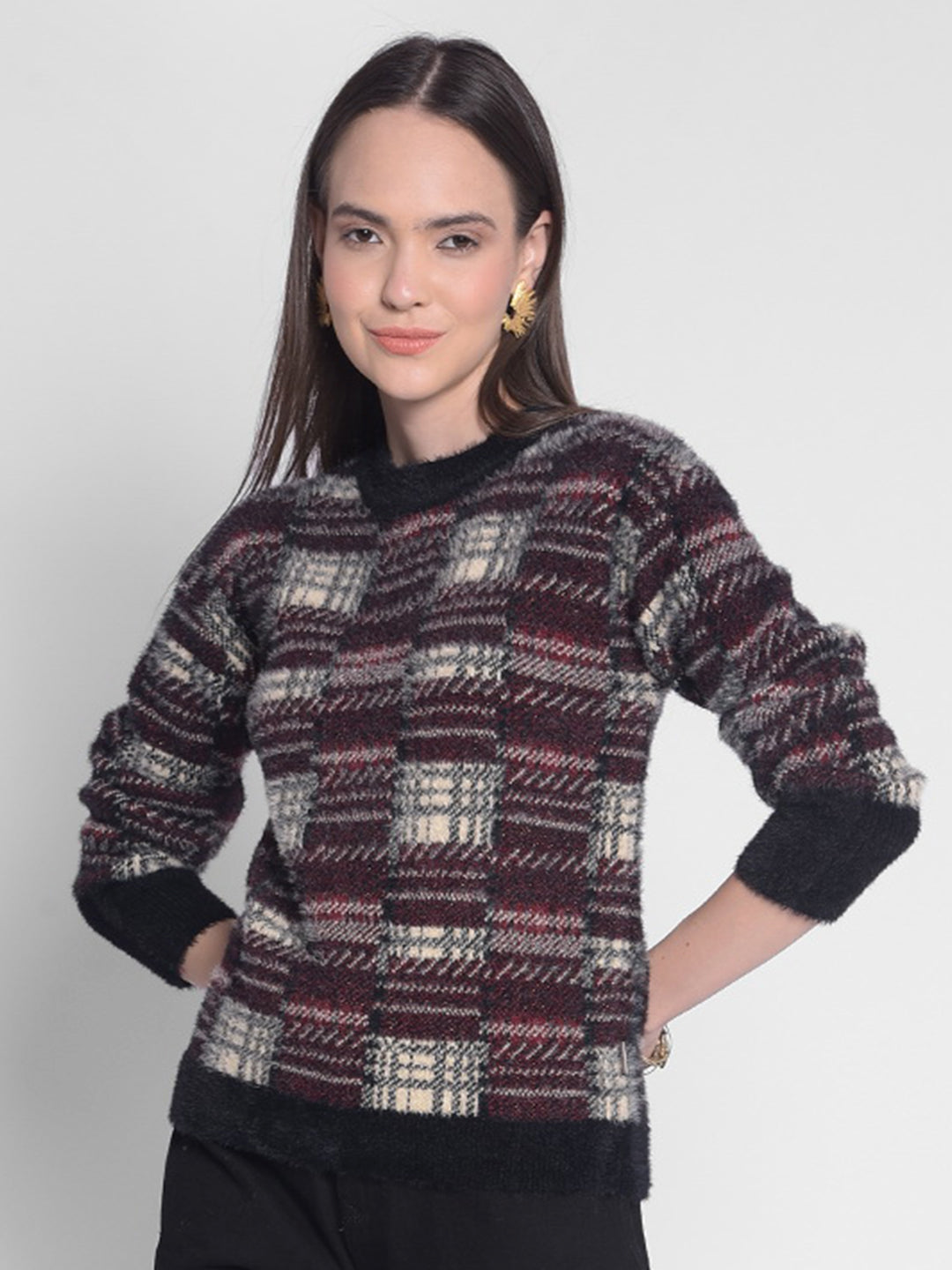 Wine Checked Sweater-Women Sweaters-Crimsoune Club