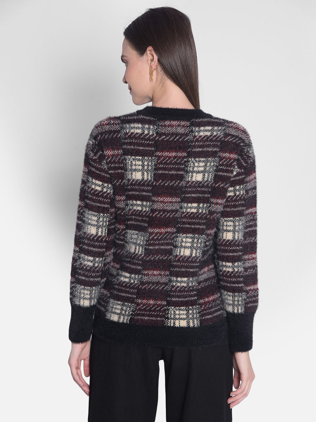 Wine Checked Sweater-Women Sweaters-Crimsoune Club