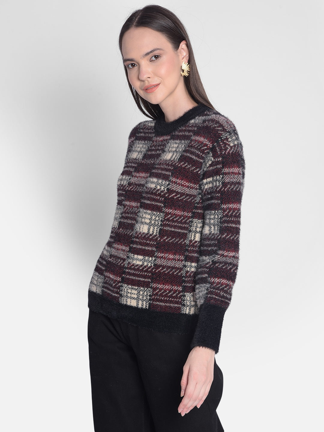 Wine Checked Sweater-Women Sweaters-Crimsoune Club