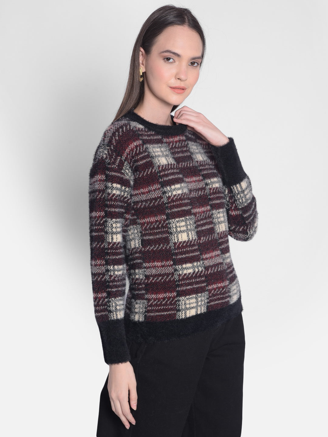 Wine Checked Sweater-Women Sweaters-Crimsoune Club