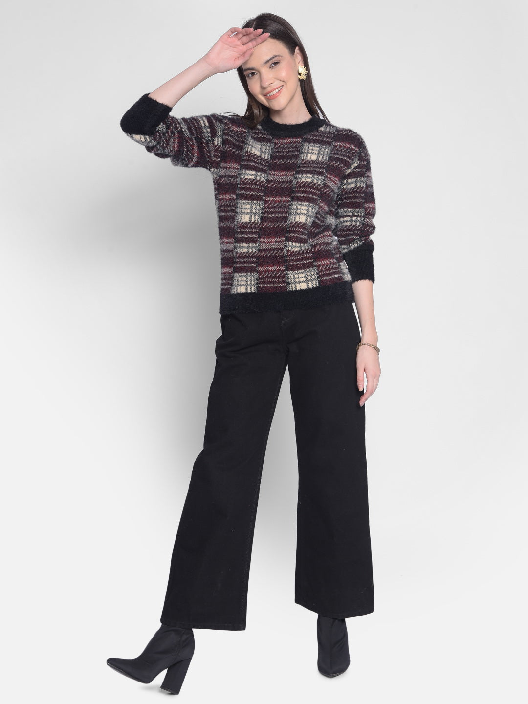 Wine Checked Sweater-Women Sweaters-Crimsoune Club