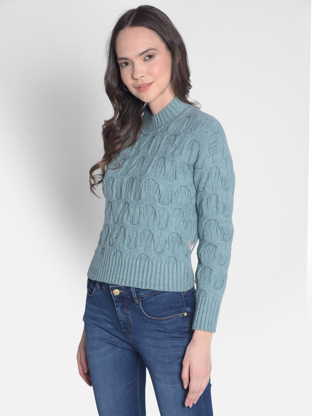 Green Self Design Sweater-Women Sweaters-Crimsoune Club