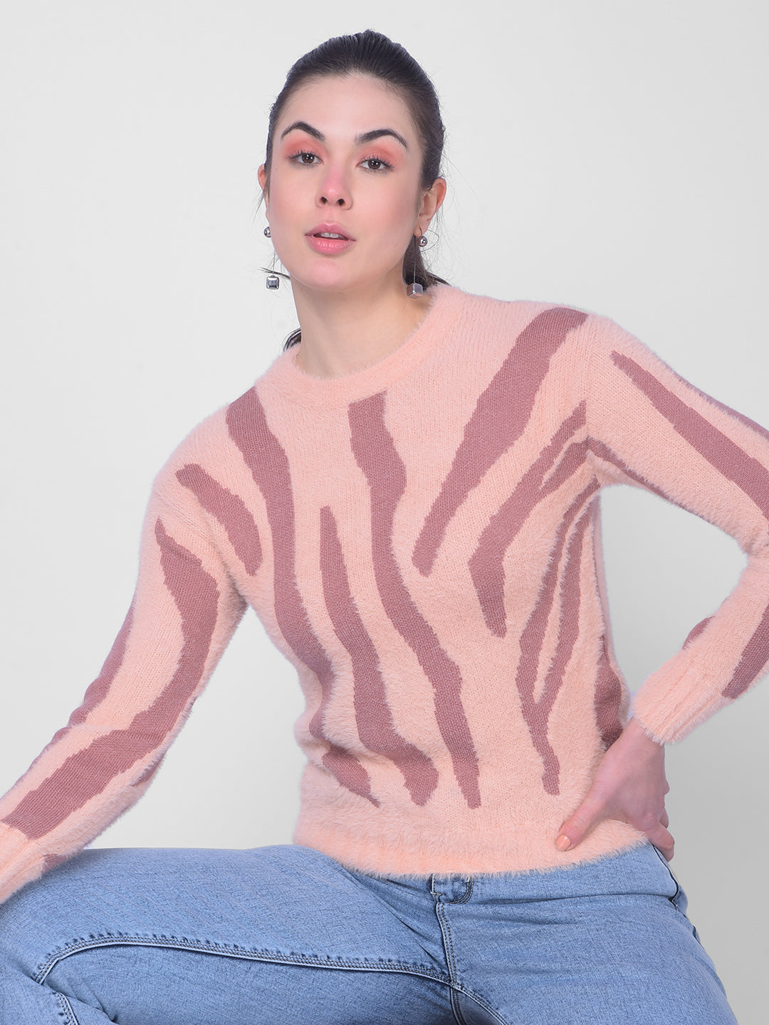 Peach Striped Sweater-Women Sweaters-Crimsoune Club