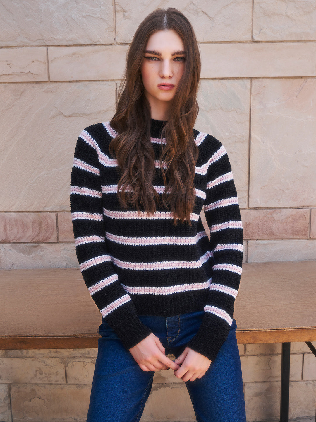 Black Striped Sweater-Women Sweaters-Crimsoune Club