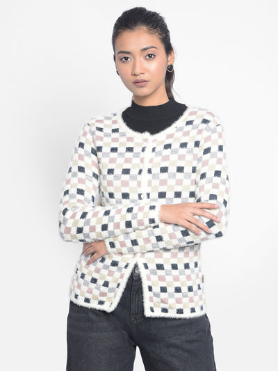 Off White Checked Cardigan-Women Sweaters-Crimsoune Club