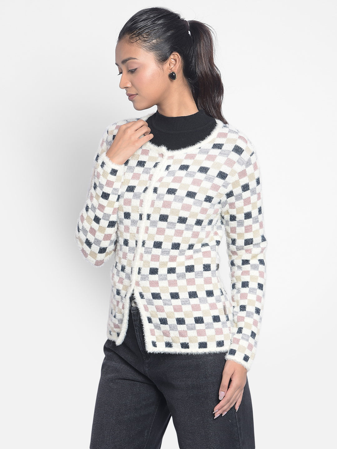 Off White Checked Cardigan-Women Sweaters-Crimsoune Club