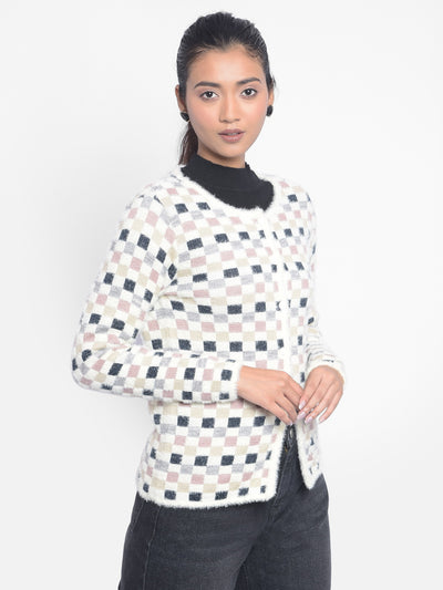 Off White Checked Cardigan-Women Sweaters-Crimsoune Club