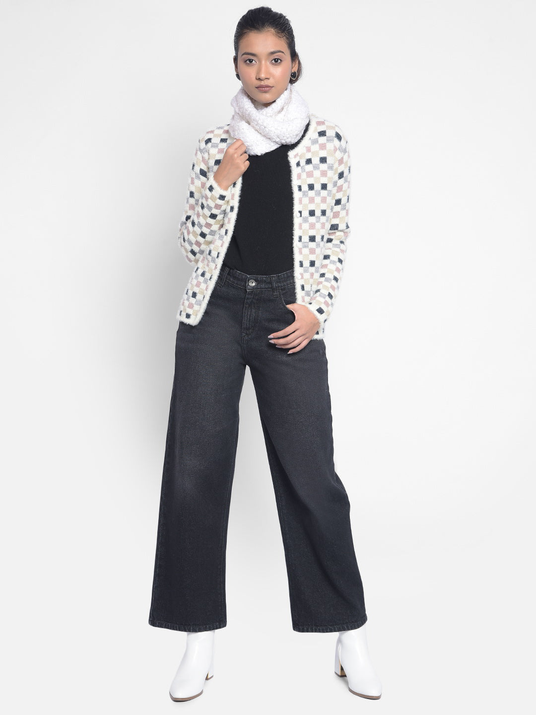 Off White Checked Cardigan-Women Sweaters-Crimsoune Club