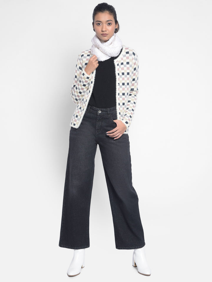 Off White Checked Cardigan-Women Sweaters-Crimsoune Club