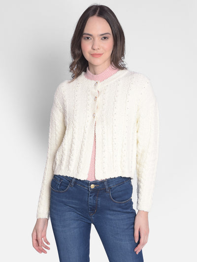 Off White Crop Length Cardigan-Women Sweaters-Crimsoune Club