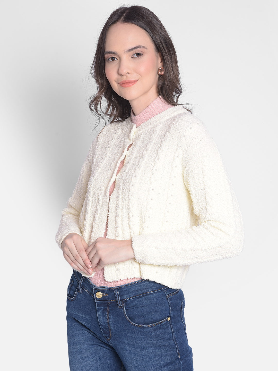 Off White Crop Length Cardigan-Women Sweaters-Crimsoune Club