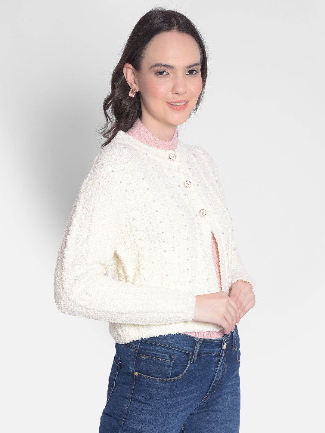 Off White Crop Length Cardigan-Women Sweaters-Crimsoune Club