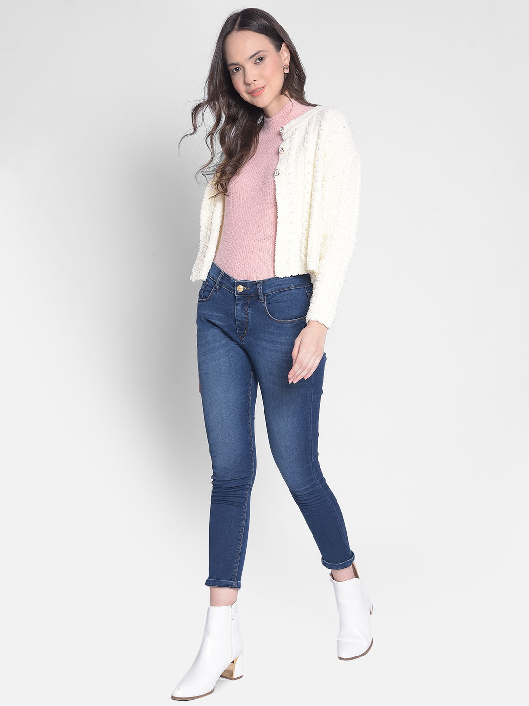 Off White Crop Length Cardigan-Women Sweaters-Crimsoune Club