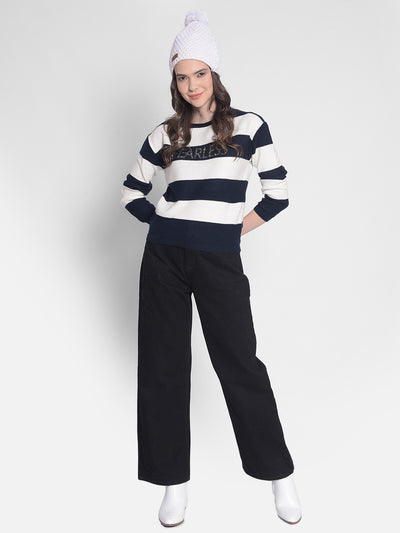 Navy Blue Striped Sweater-Women Sweaters-Crimsoune Club