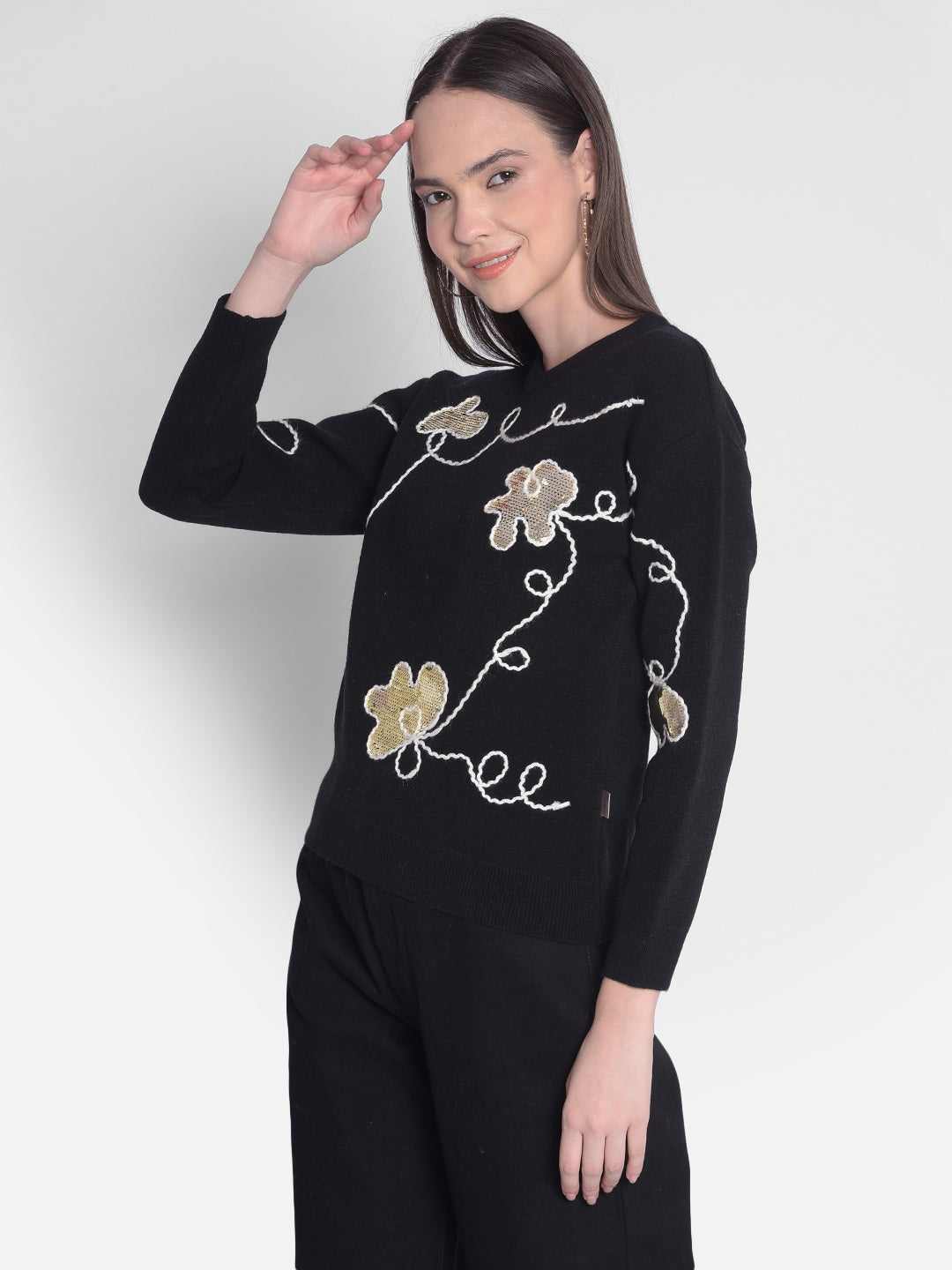 Black Printed Sweater-Women Sweaters-Crimsoune Club