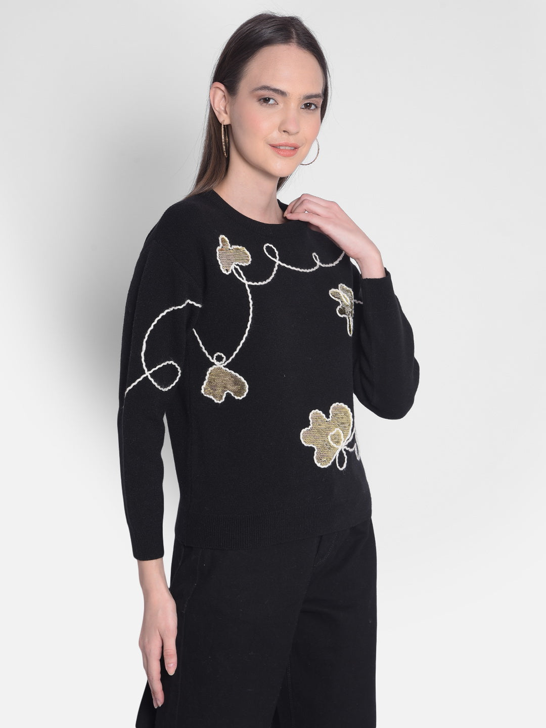 Black Printed Sweater-Women Sweaters-Crimsoune Club