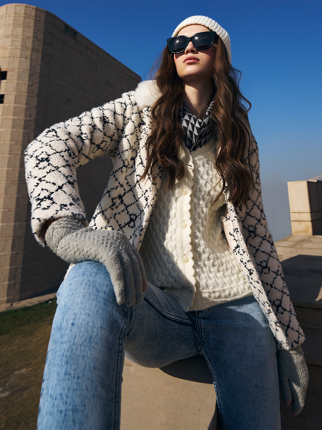 Off White Self Design Cardigan-Women Sweaters-Crimsoune Club