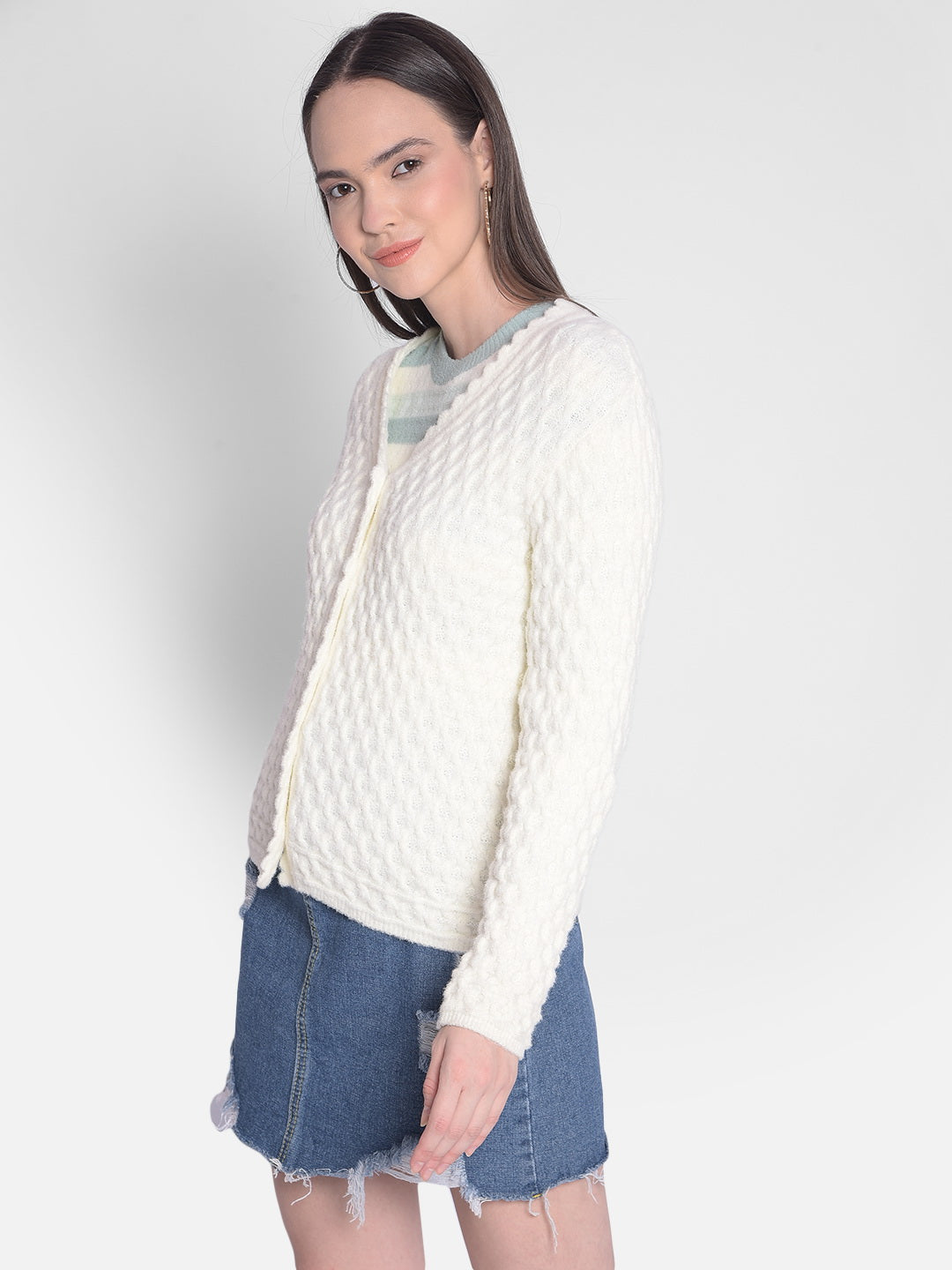 Off White Self Design Cardigan-Women Sweaters-Crimsoune Club