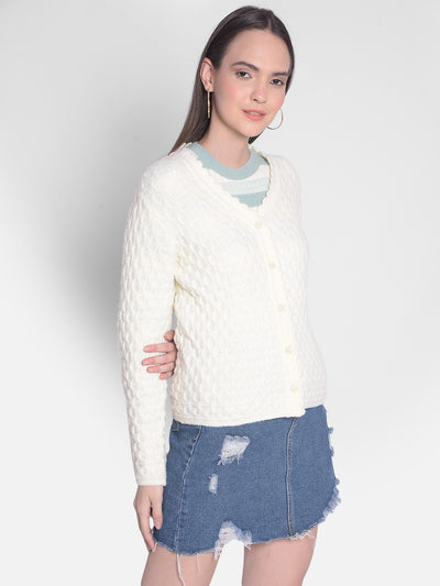 Off White Self Design Cardigan-Women Sweaters-Crimsoune Club