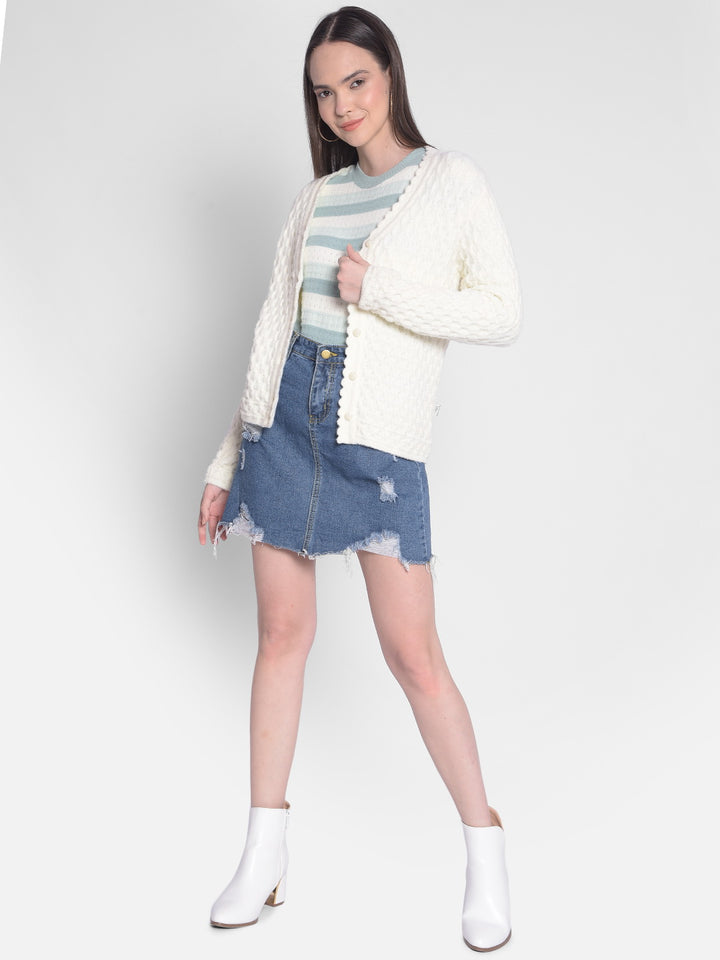 Off White Self Design Cardigan-Women Sweaters-Crimsoune Club