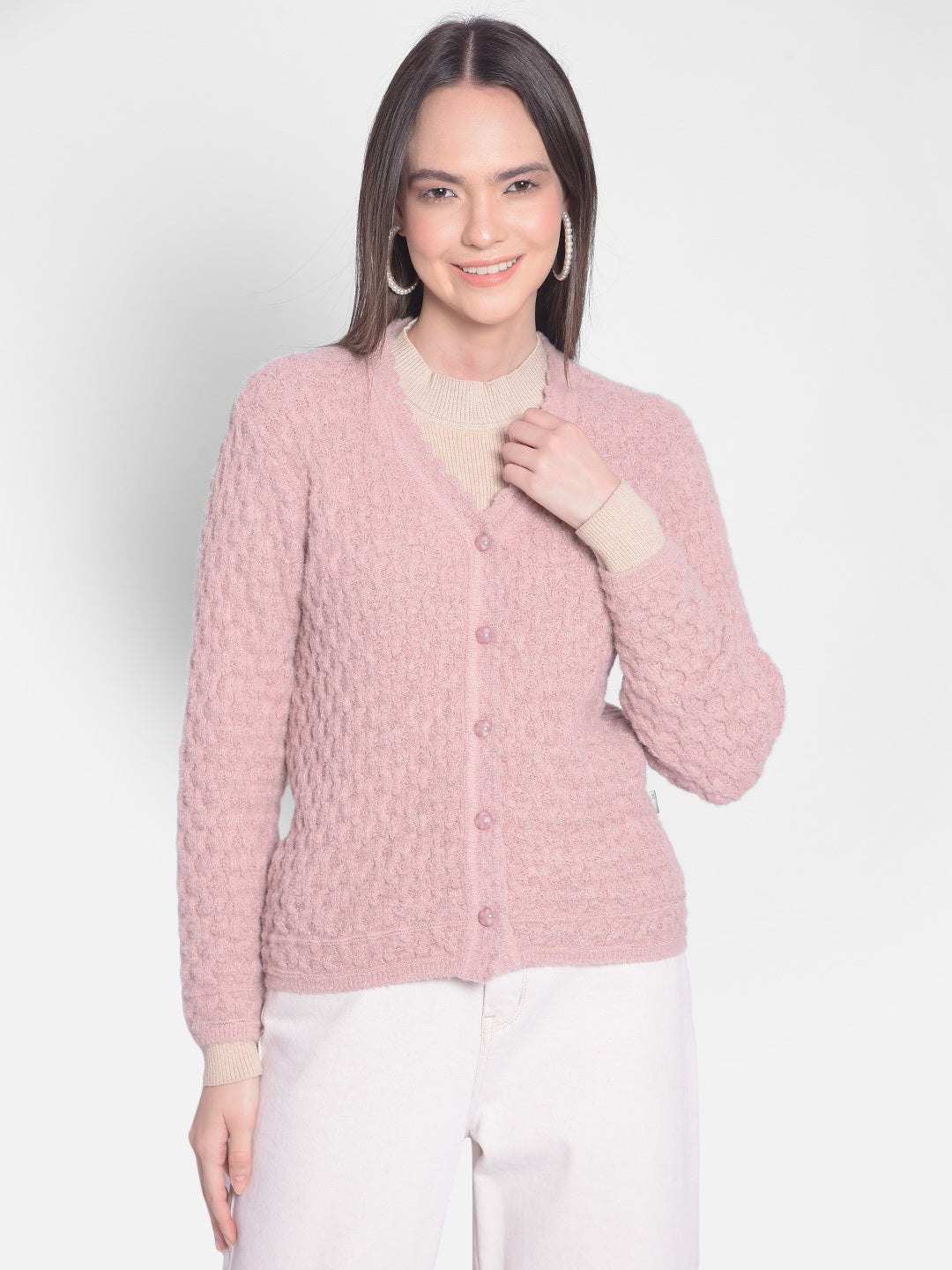 Pink Self Design Cardigan-Women Sweaters-Crimsoune Club