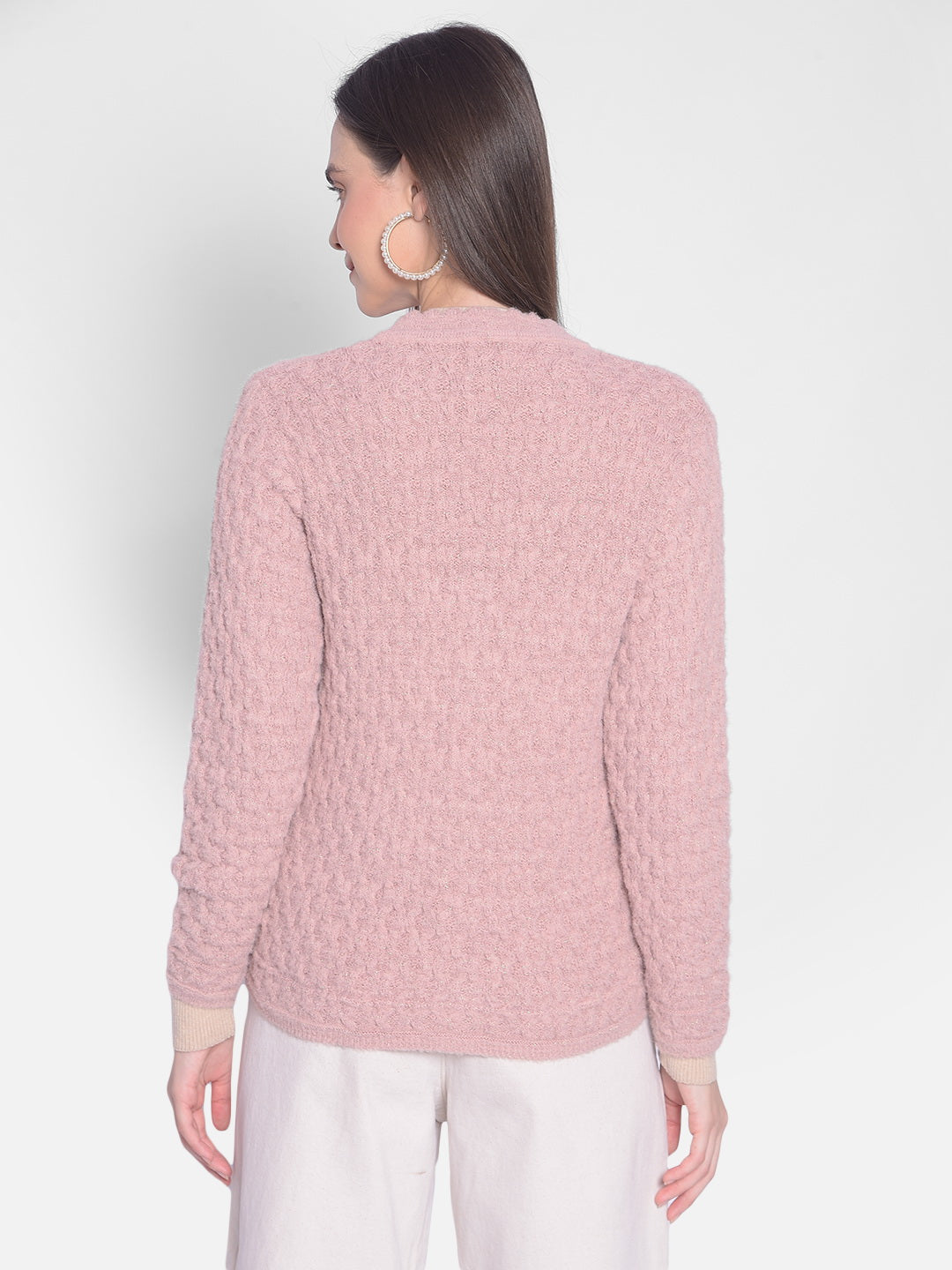 Pink Self Design Cardigan-Women Sweaters-Crimsoune Club