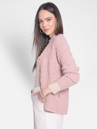 Pink Self Design Cardigan-Women Sweaters-Crimsoune Club