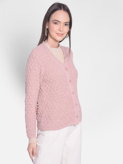 Pink Self Design Cardigan-Women Sweaters-Crimsoune Club