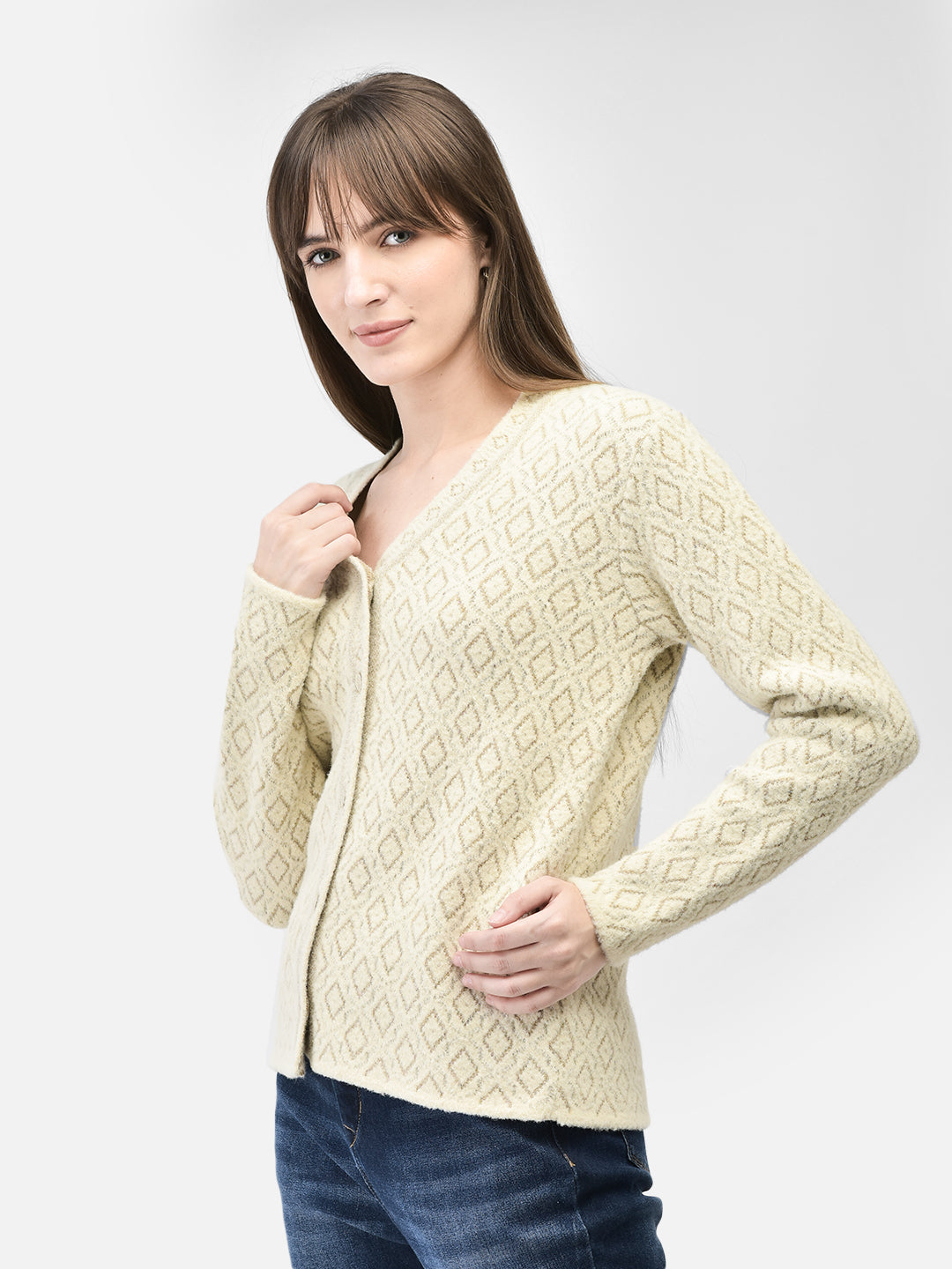 Beige Printed Cardigan-Women Sweaters-Crimsoune Club