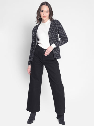 Black Printed Cardigan-Women Sweaters-Crimsoune Club