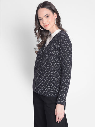 Black Printed Cardigan-Women Sweaters-Crimsoune Club