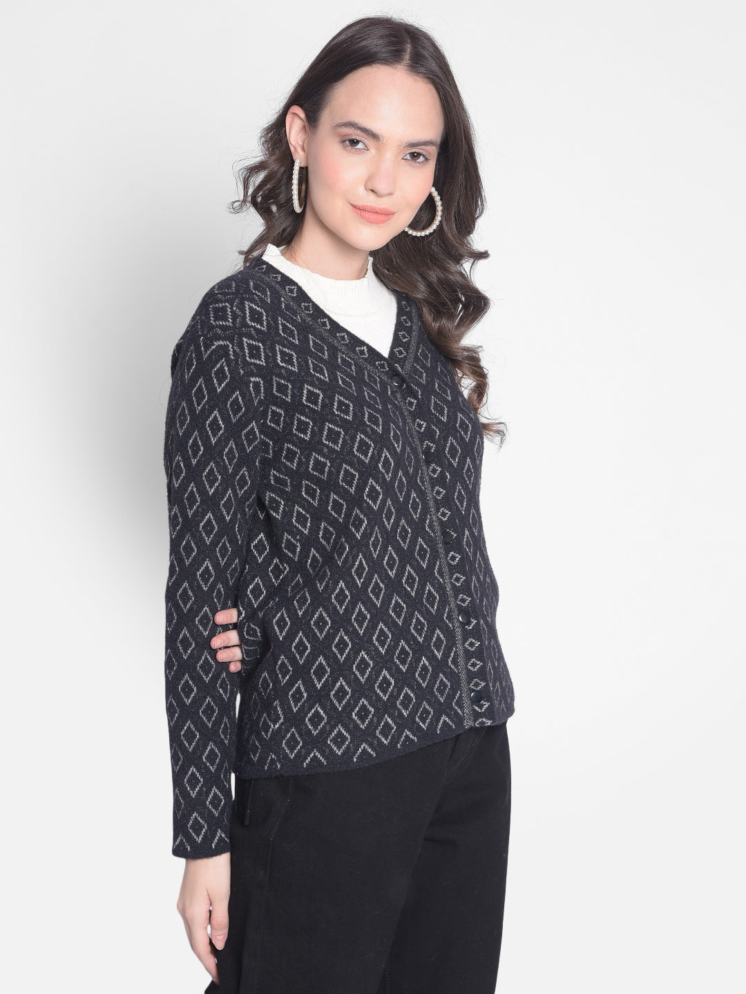 Black Printed Cardigan-Women Sweaters-Crimsoune Club