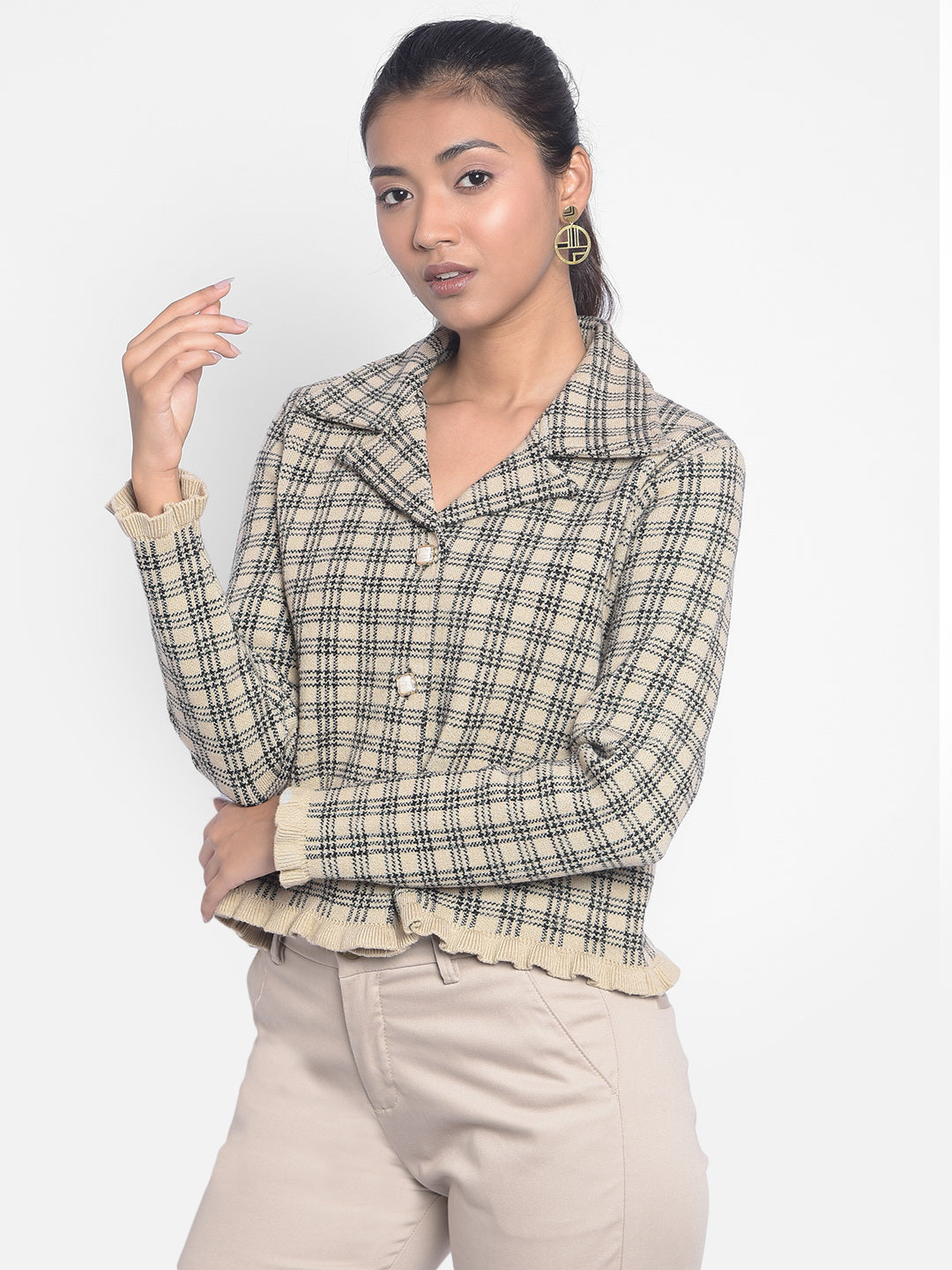 Brown Checked Cardigan-Women Sweaters-Crimsoune Club