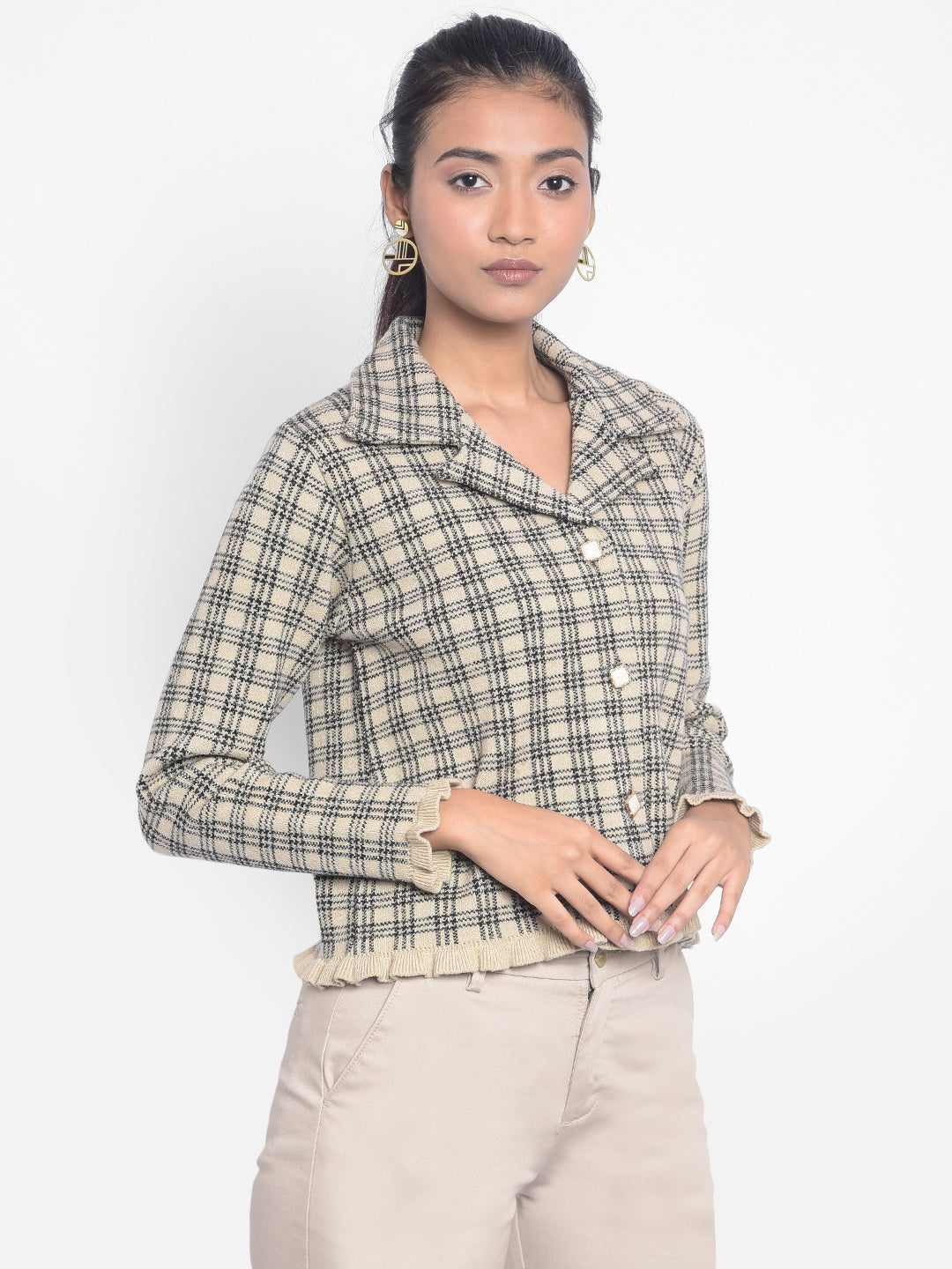 Brown Checked Cardigan-Women Sweaters-Crimsoune Club